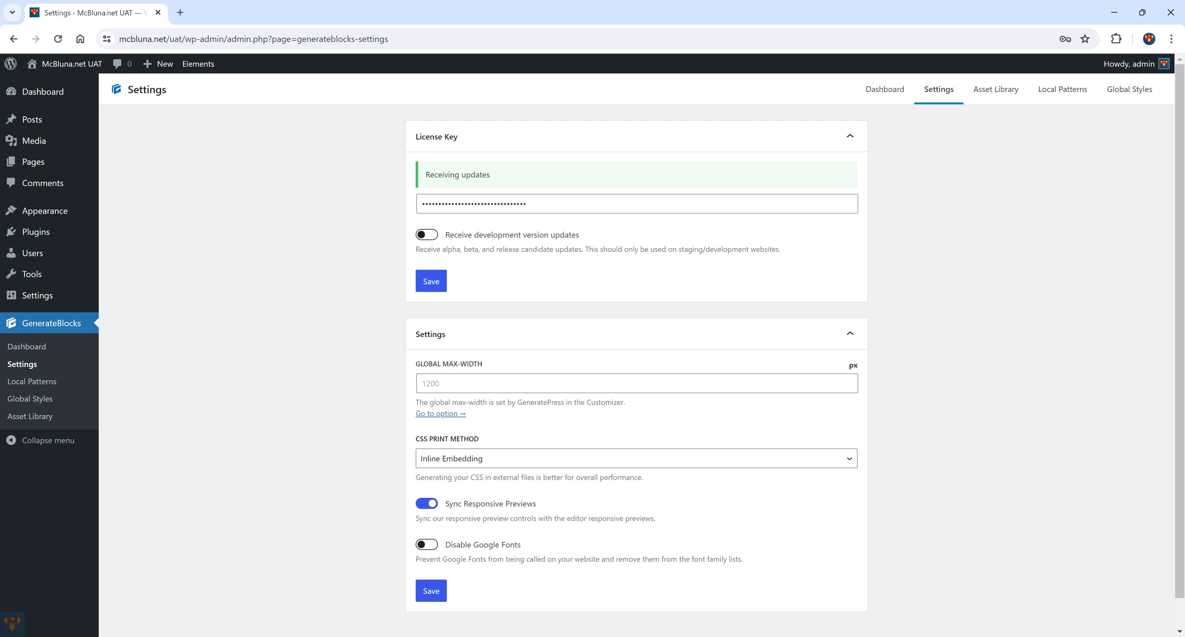 GenerateBlocks Settings